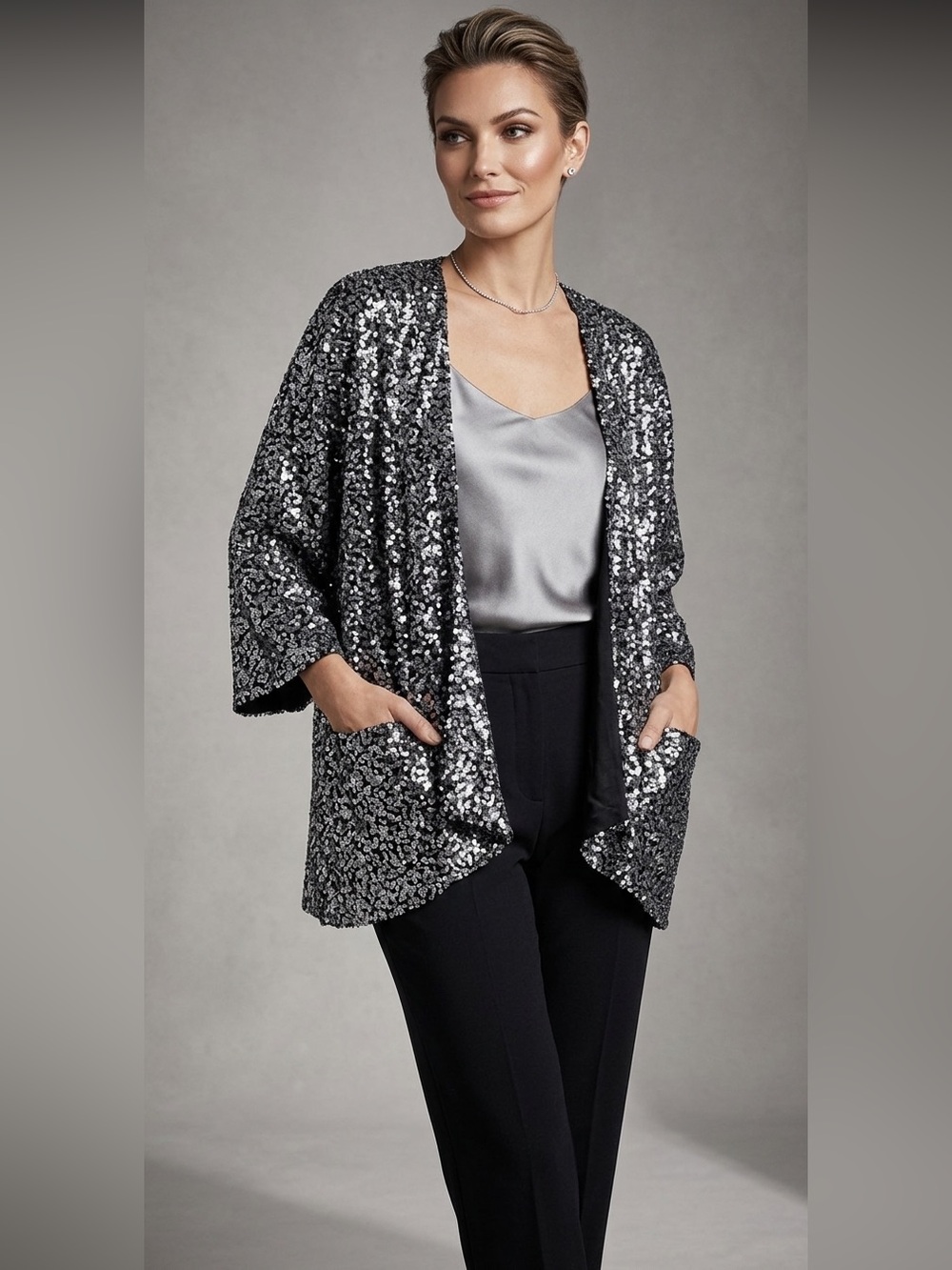 Sanctuary Sequin Open-Front Jacket- Silver, Gunmetal, Wedding Guest, Cruise